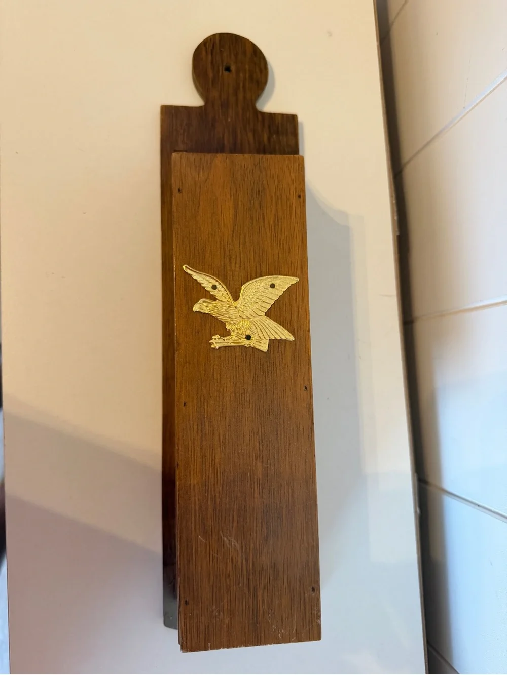 Vintage Wooden Wall-Mounted Match Holder with Brass American Eagle